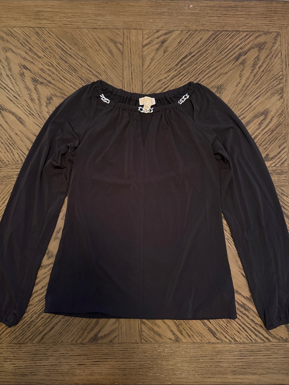 Michael Kors Black Long Sleeve Top with Silver Chain Trim around Neck Line